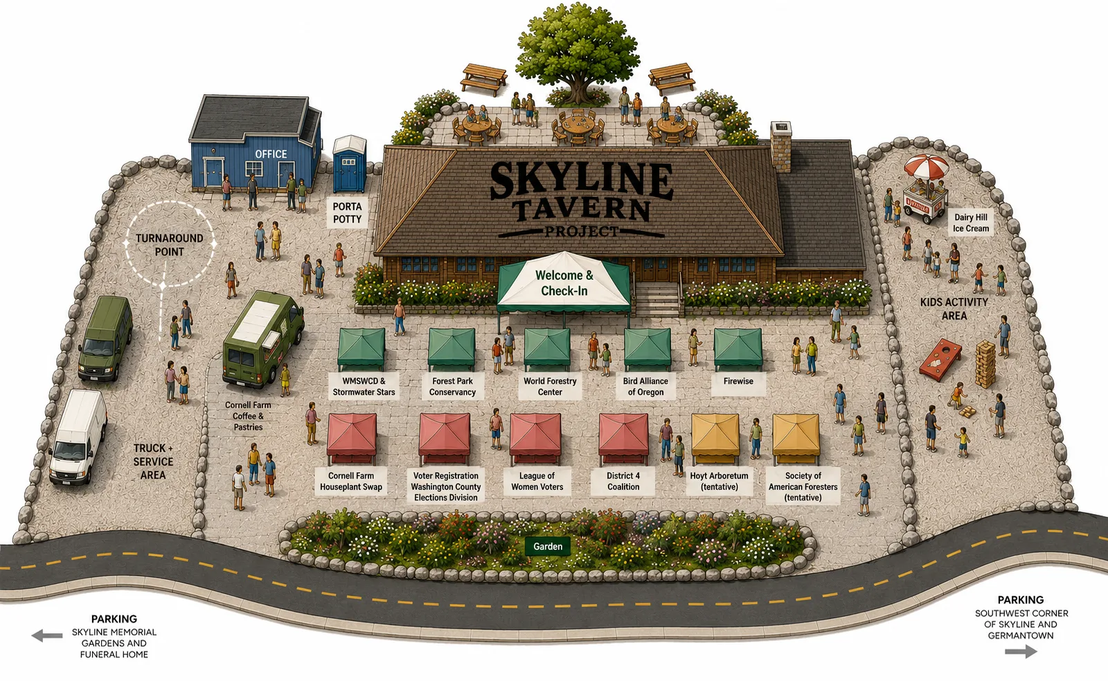 Illustrated map of the celebration grounds at Skyline Tavern: welcome and check-in tent, partner and activity booths, kids activity area, coffee and ice cream trucks, houseplant swap, and arrows to the parking lots